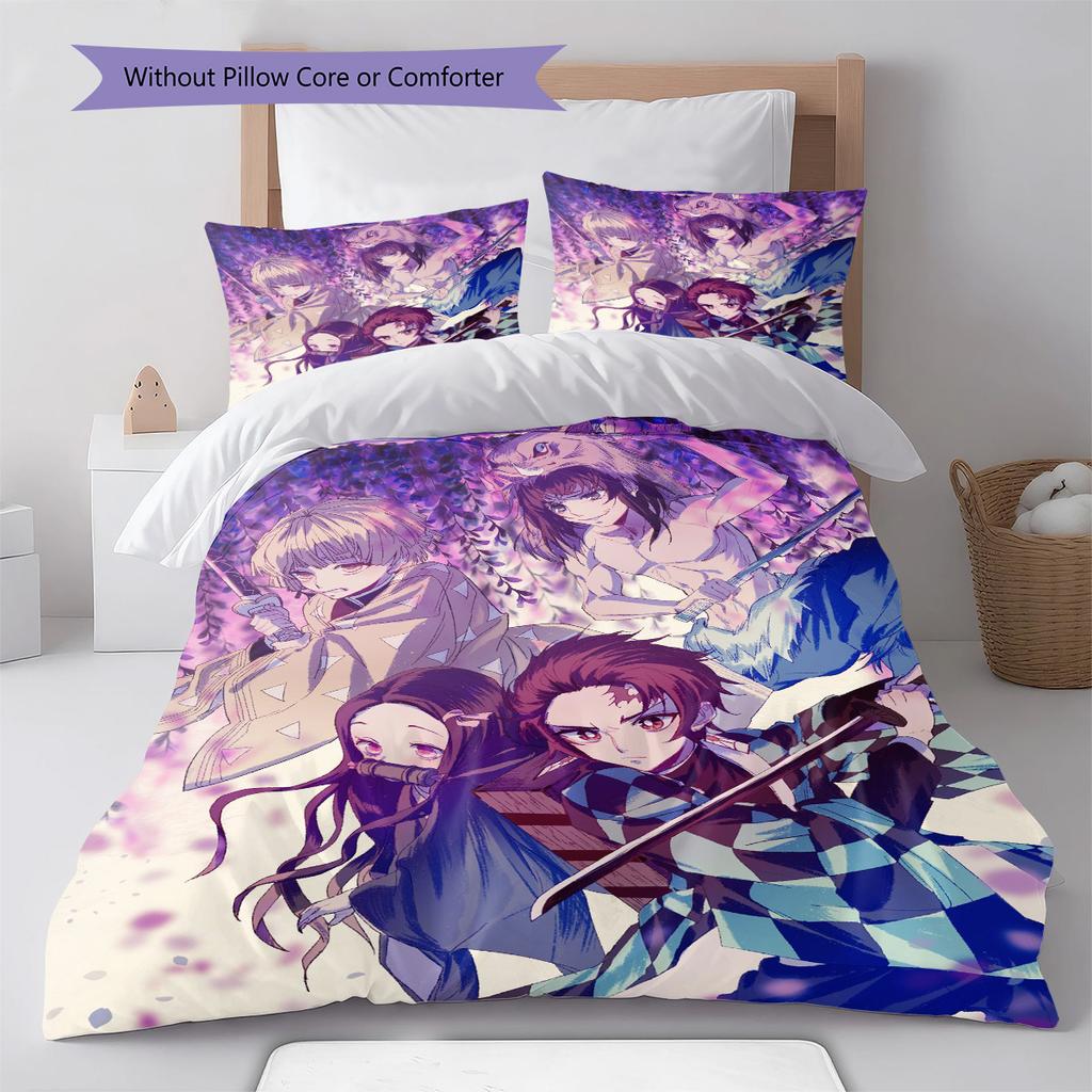 Demon Slayer Nezuko Kamado Smiling Face Anime Bedding Set Duvet Cover Polyester Soft Bed Linen Set -QJY