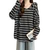 Spring and Autumn Large Size Fat M Loose and Simple Versatile Striped Hooded Pullover Long Sleeve Shirt Age Reduction Top