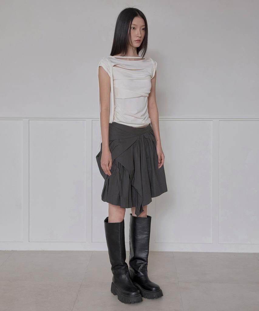 Peulleeoeob Asymmetrical Draped Layered Skirt (Fl-252_Charcoal)