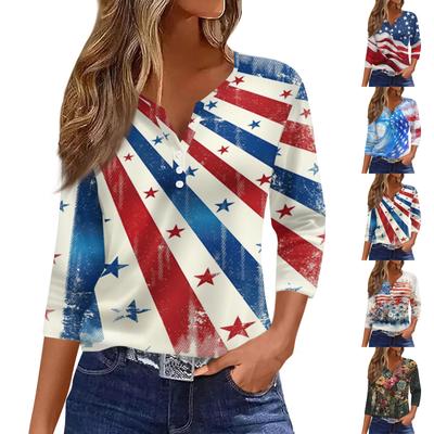 Women's Fashion Casual Independence Day American Flag Stars and Stripes Print Collar V-Neck Three-Quarter Sleeve Decorative Button-Up T-Shirt Top