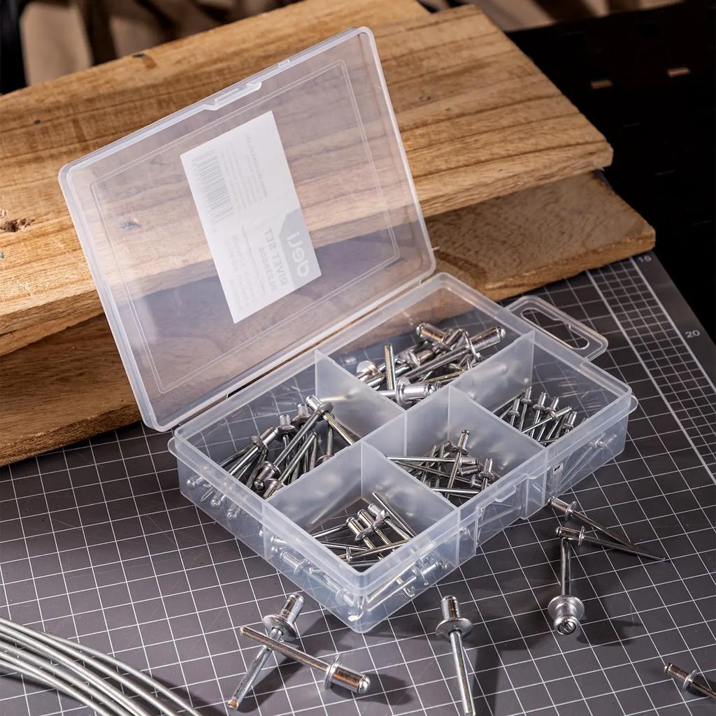 Deli 5-in-1 Nails Rivets Set Aluminium Dome Head Pop Rivets Head Blind Rivets Steel Shank Mandrel Exhaust Hand Tool for Home DIY