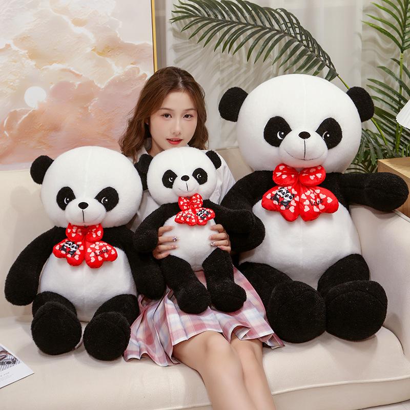 Cute Bow Panda Doll Plush Toy Black And White Panda Doll Children'S Soothing Rag Doll Birthday Gift