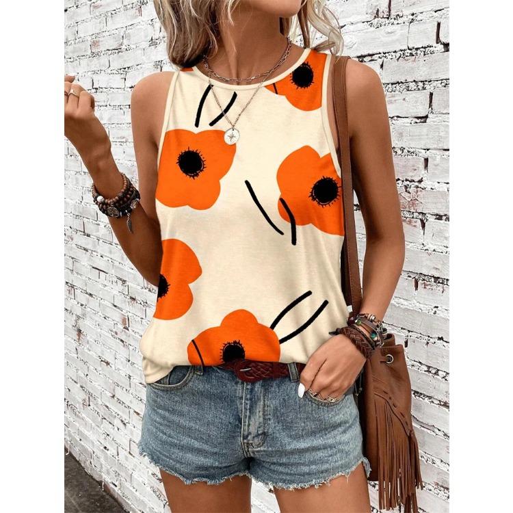 Flower Pattern 3D Print Women's Tank Tops Summer O-Neck Casual Vest Off Shoulder Sleeveless Top