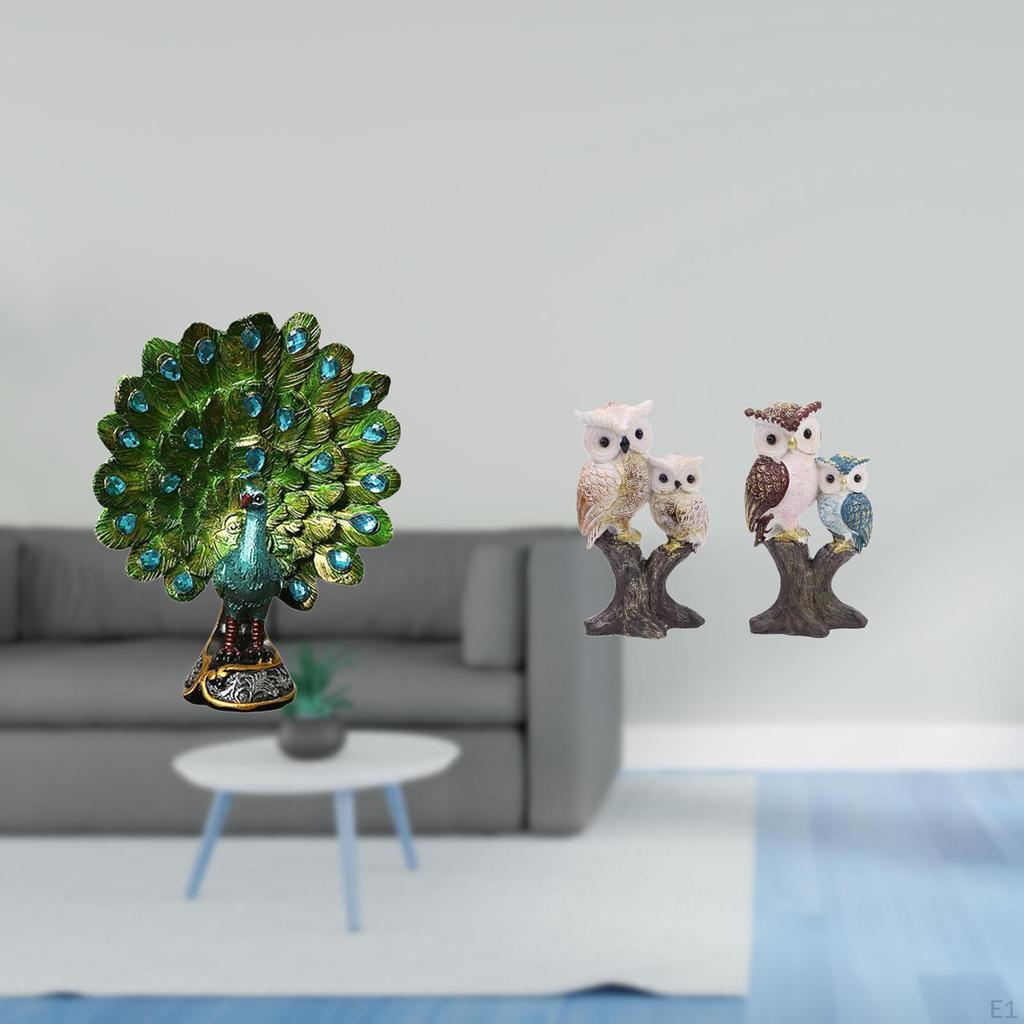 Elegant Peacock Owl Animal Sculpture Collection Realistic Decorative Tabletop Ornament for Bedroom
