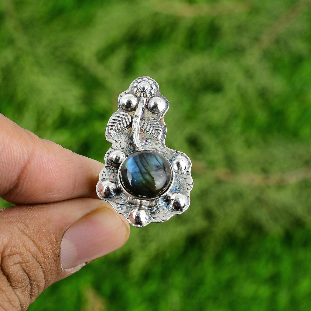 Sterling Silver Round Natural Labradorite Statement Bezel Flower Ring Jewelry