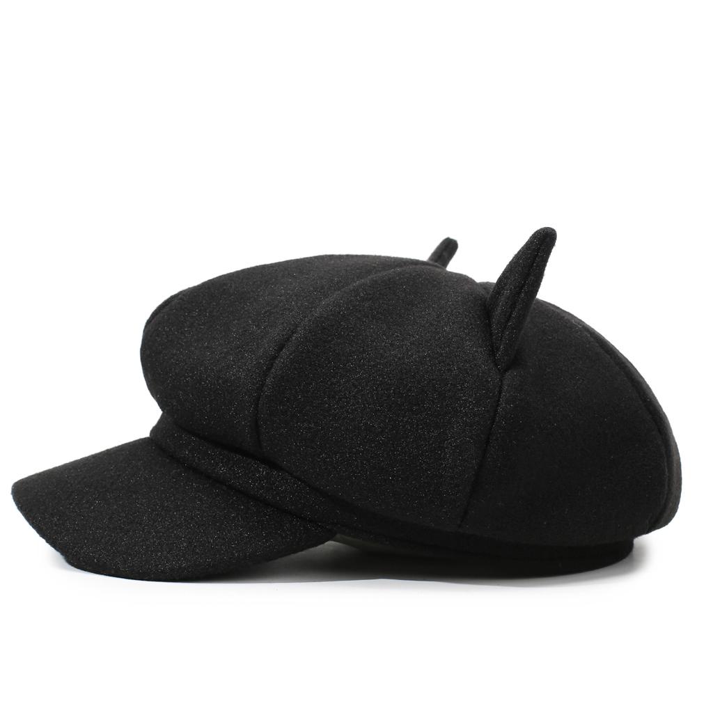 Cute Cat Ear Octagonal Hat, British Retro Wool Beret, Women's Solid Color Trendy Painter Hat