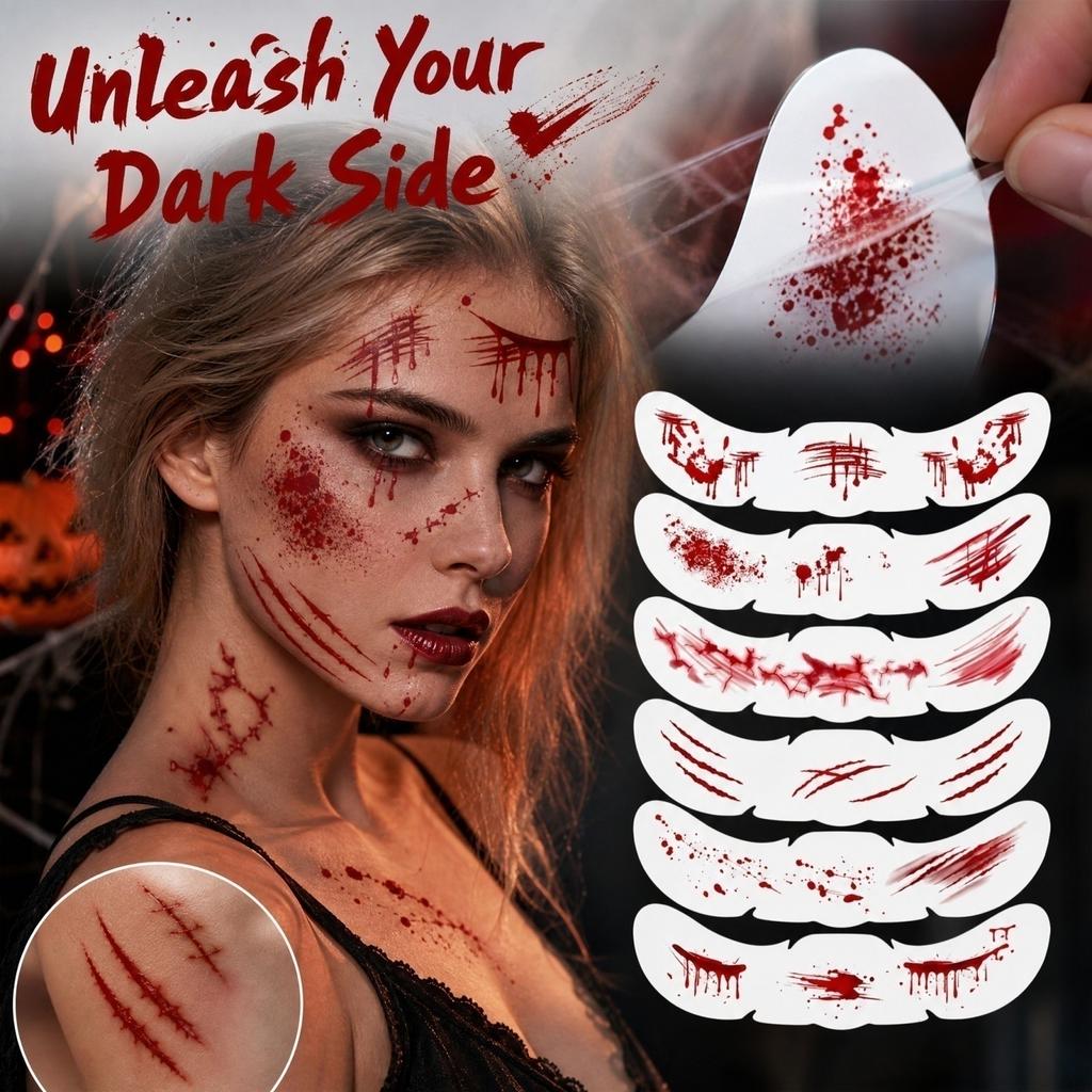 Temporary Stickers for Halloween, Scary Wound Effect Fake Tattoos for Face & Body, 6 Sheets of Scar & Cut Tattoos for Halloween Costume Decoration