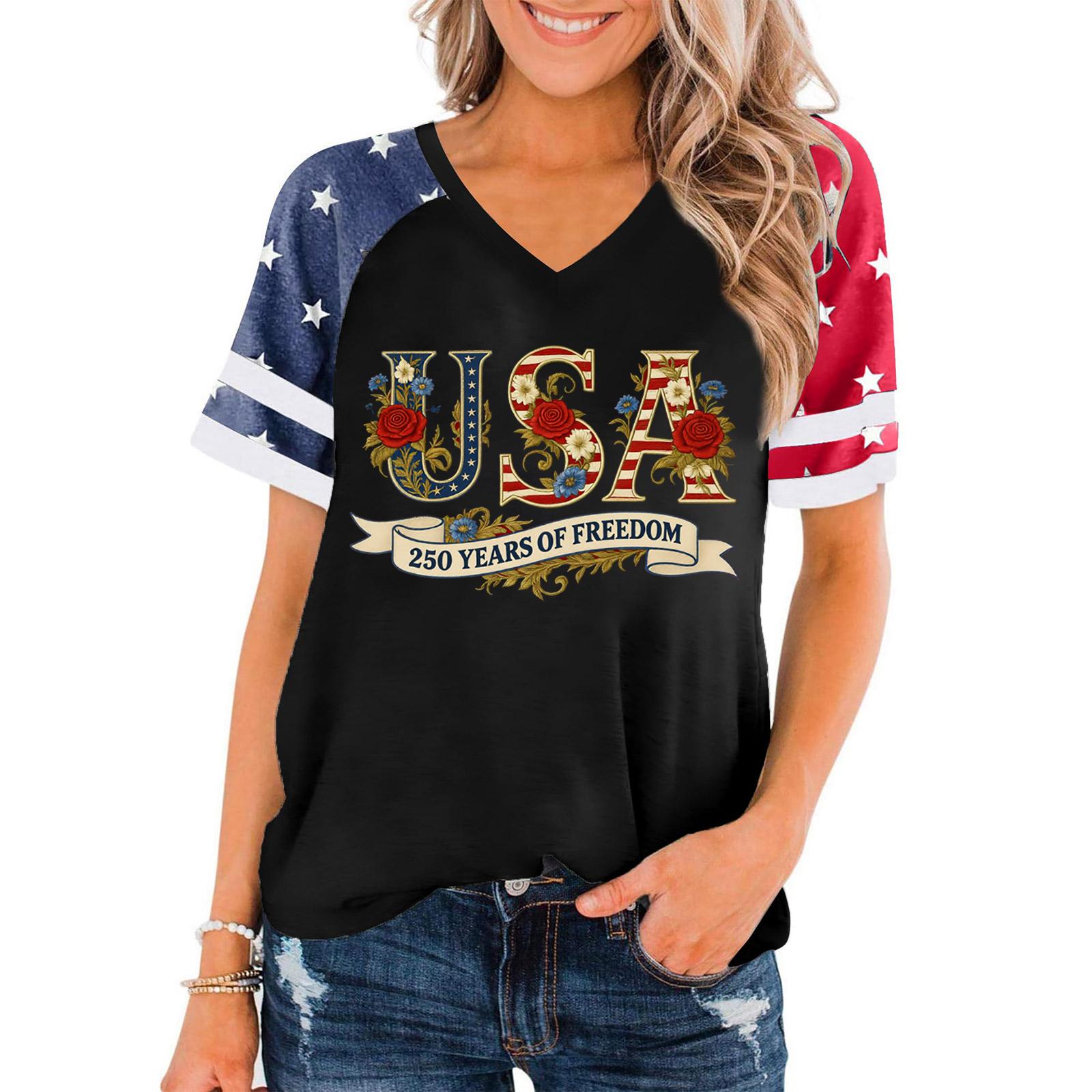 

Women V Neck Short Sleeve Pullover T Shirt USA 250 Years Of Freedom Graphic Print Casual Top Patriotic Style S чёрный