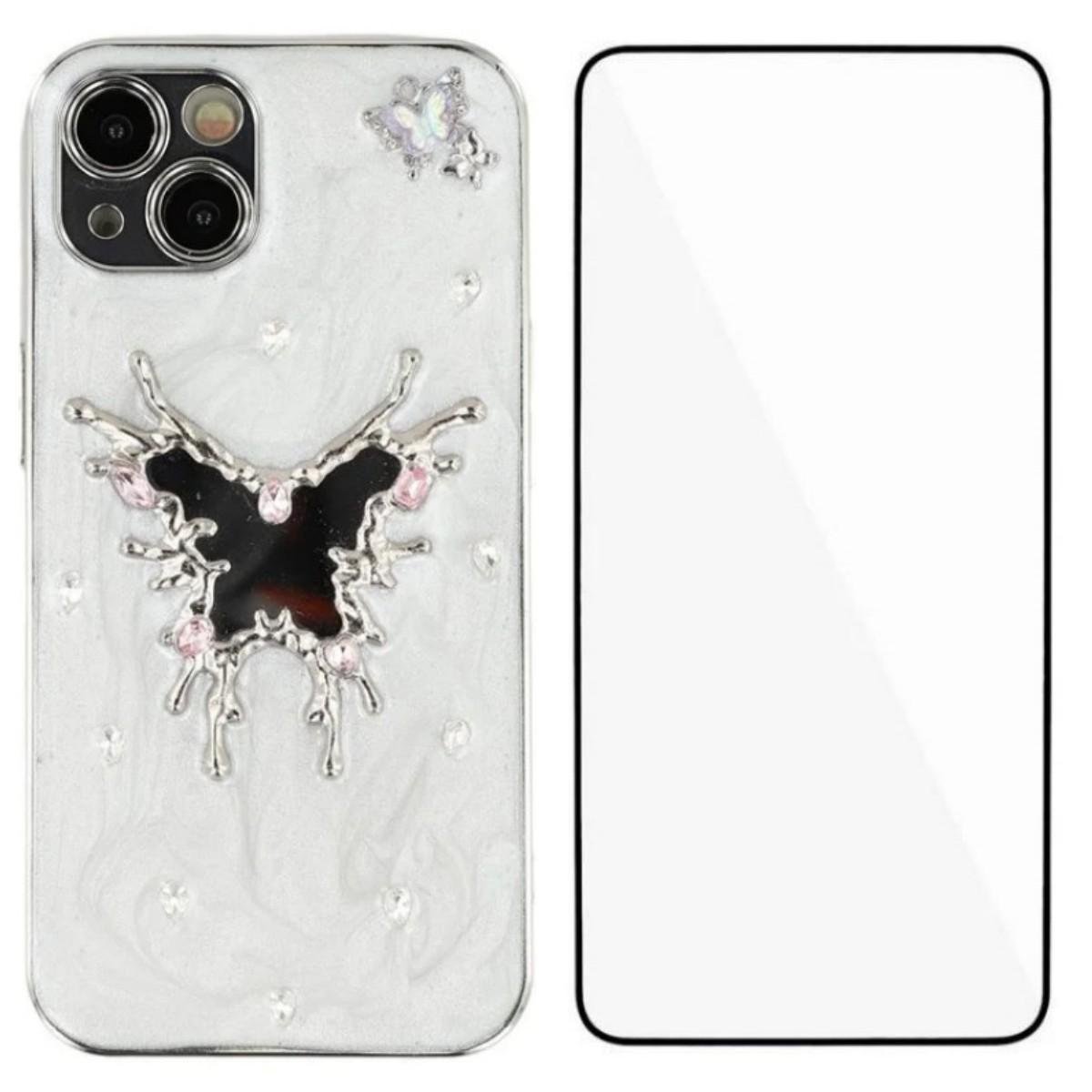 

For iPhone 15 Case WANLONFENG Electroplated Epoxy TPU+Acrylic Phone Cover with Tempered Glass Big Butterfly