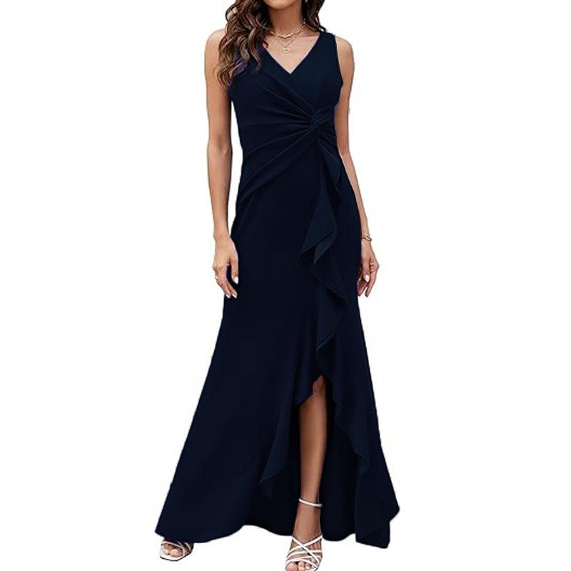 Sexy Slit Ruffled Sleeveless Evening Women's Dresses Fashionable V Neck Slim Pleated Elegant Female Maxi Long Dress