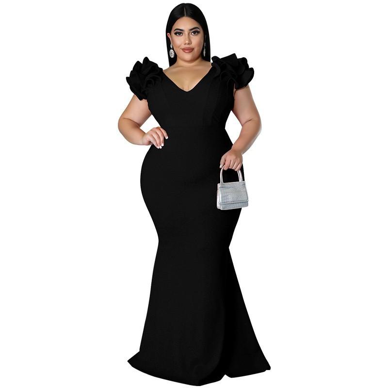 MY961 Plus Size Womens Dress V-Neck Sleeveless Mermaid Fit Knit Gown With Ruffle Cap Sleeves Black Red Blue