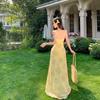 Yellow Printed Suspender Dress Women's Summer French Ruffle Edge Small Flying Sleeve Skirt Waist Temperament Fairy Long Dress
