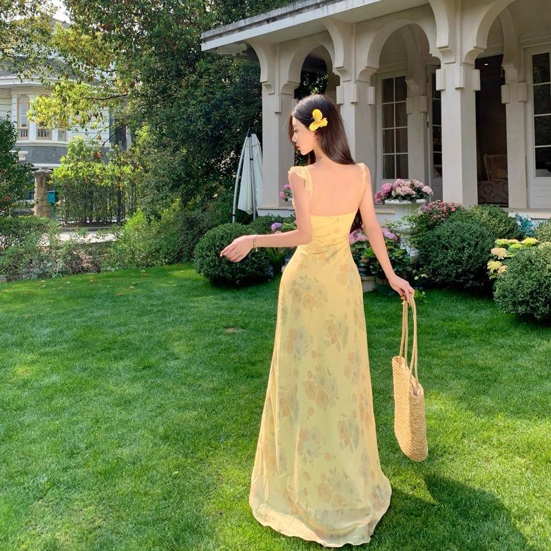 Yellow Printed Suspender Dress Women's Summer French Ruffle Edge Small Flying Sleeve Skirt Waist Temperament Fairy Long Dress