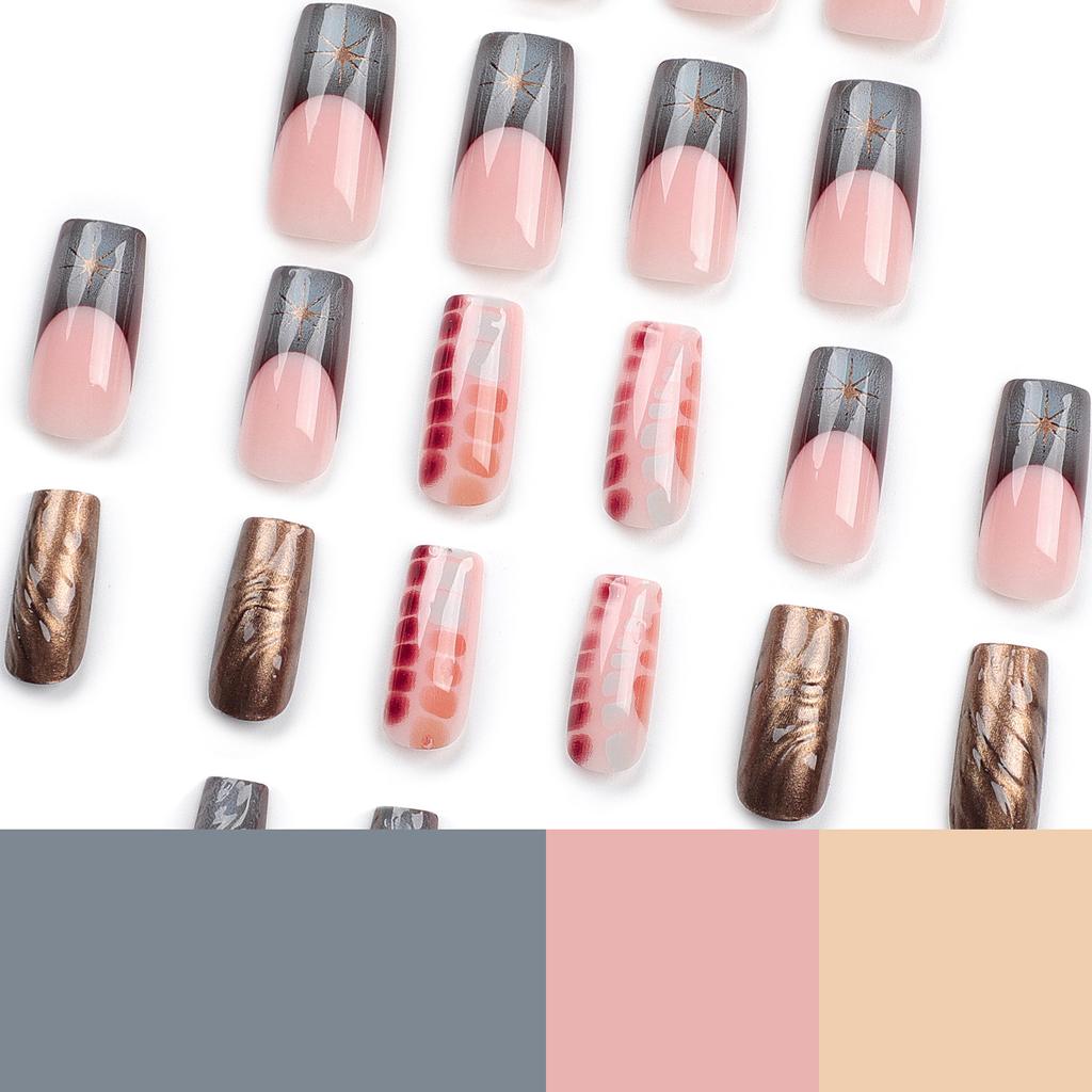 24 Pieces French Smudge Wearing Nail 3D Star Manicure Medium and Long Nail Piece Removable Black Sugar Fake Nail Patch