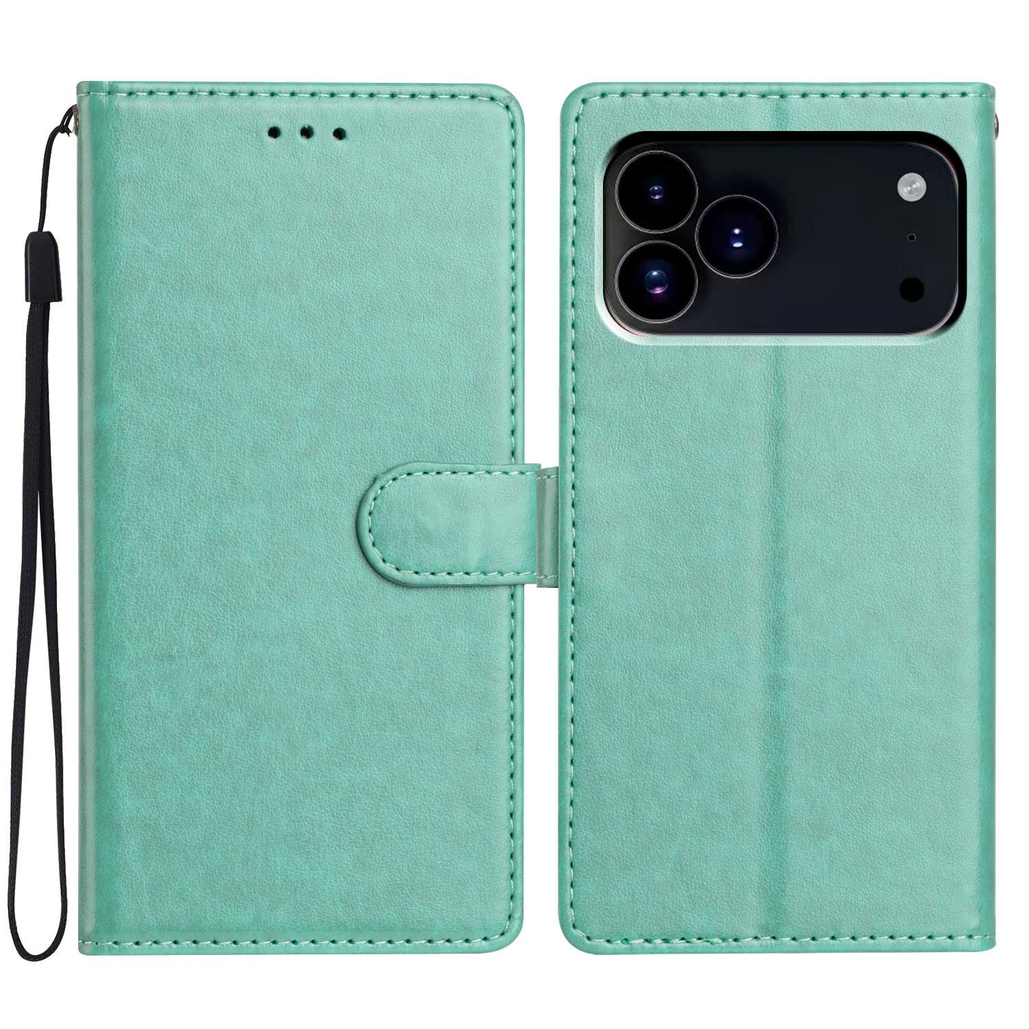 

For iPhone 17 Pro Leather Case Wallet Stand Phone Cover with Handy Strap Green