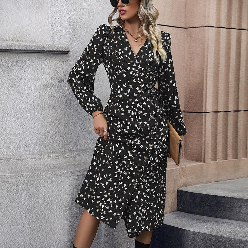 Autumn new European and American fashion women s clothing black printed dress S чёрный