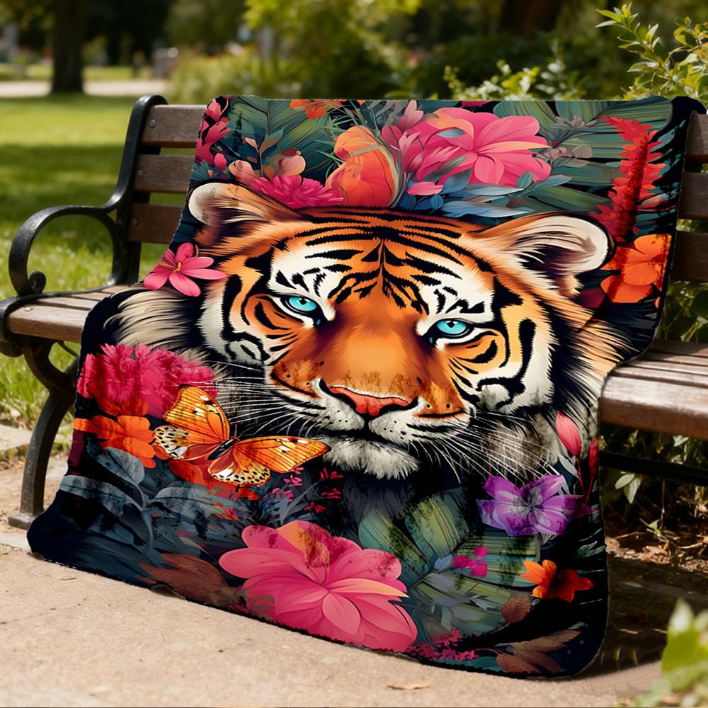 1pc Tiger Floral Print Print Outdoor Blanket, Lightweight Polyester,