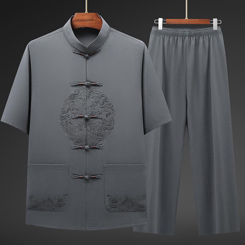 Men's Chinese Style Ice Silk Tang Suit: Two-Piece Summer Set with Short Sleeves and Long Pants for Middle-Aged and Elderly