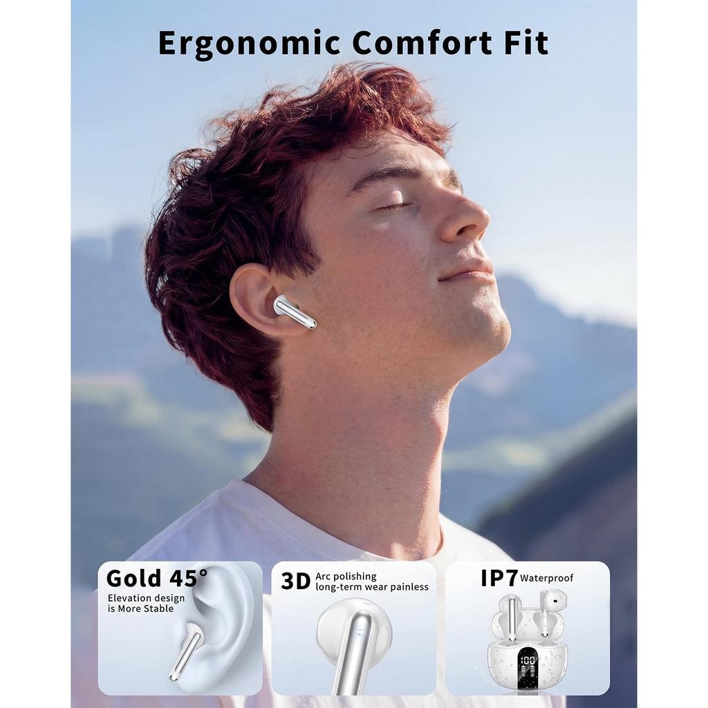Wireless Earbuds, Bluetooth 5.4 Headphones HiFi Stereo, Ear Buds with 50H Playback, LED Display IP7 Waterproof Earphones for Laptop/Phones/Sports
