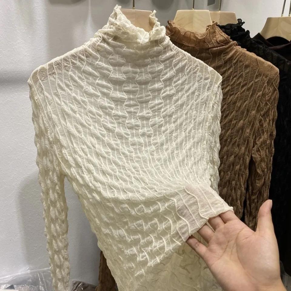 Women's Spring and Autumn Large Size Bottomed Tops Solid Cold Slim Thin Top Female Versatile Elastic Lace Tops