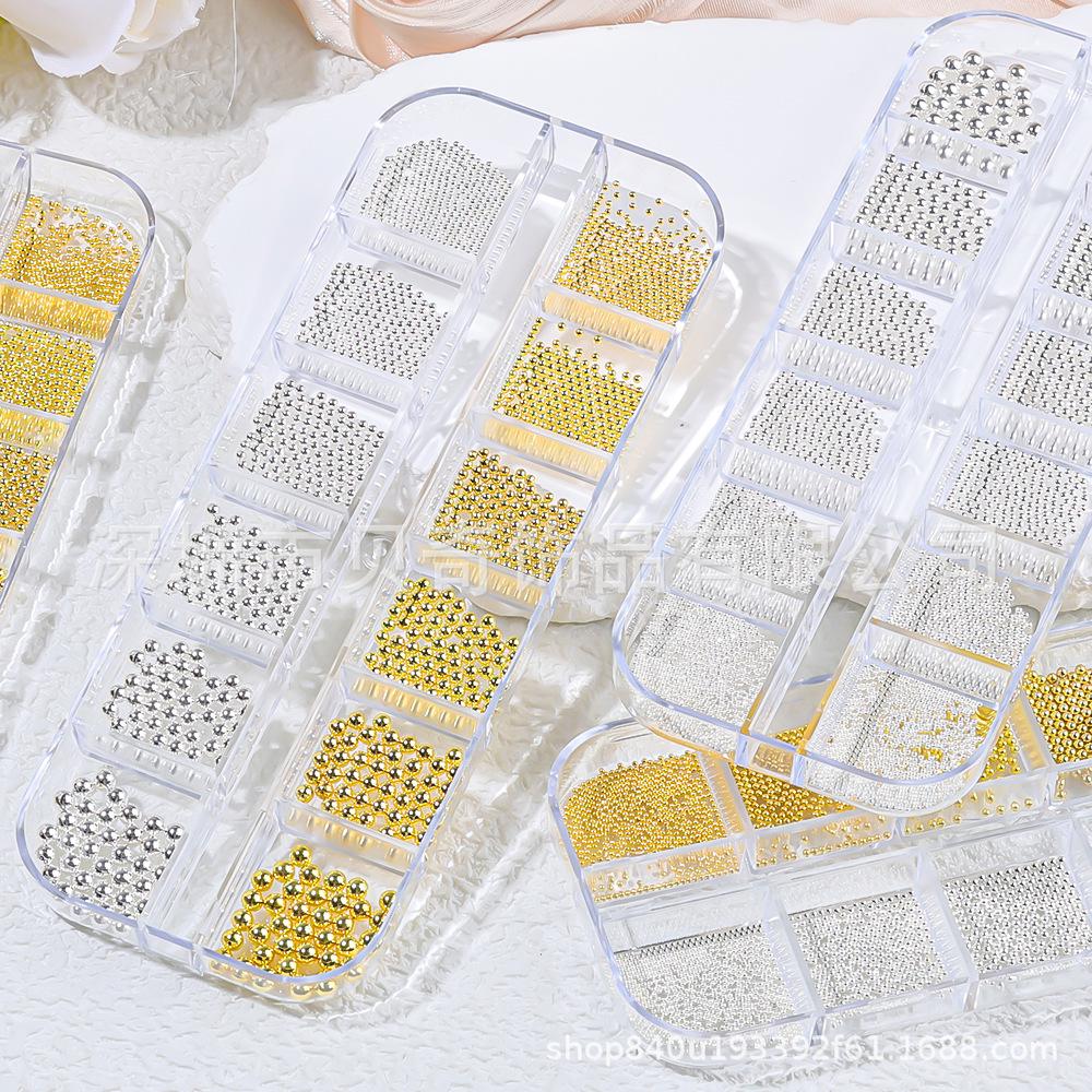 12-Grid Nail Art Box: Mixed Gold & Silver Steel Beads for Nail & Phone Decoration
