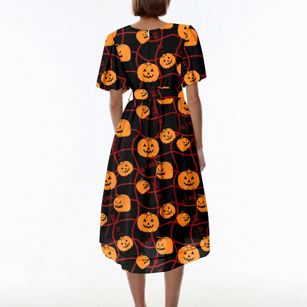 Women Casual V Neck Short Sleeve Halloween Print Dress Midi Length Relaxed Fit Lightweight Fabric Summer Dress