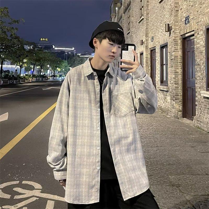 Autumn Shirt Men'S Korean Style Trendy Loose Checkered Shirt Jacket Long Sleeved Top