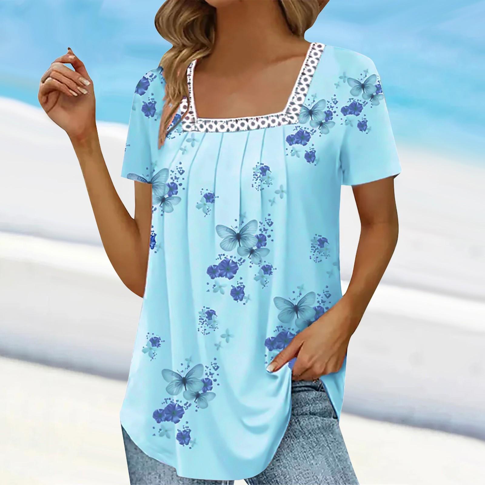 

Женская летняя повседневная футболка с квадратным вырезом и кружевным топом с принтом бабочки и коротким рукавом XL синий