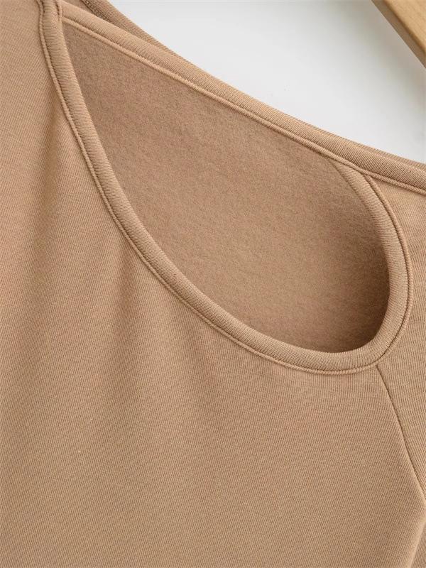Design Sense Oblique Neckline Hollow Long-Sleeve Slim-Fit Velvet Top for Women - Autumn/Winter Sexy Base Layer