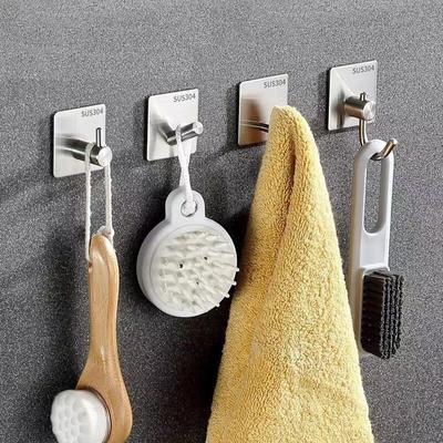 Nail-free Stainless Steel Hooks Hole-free Bathroom Coat Hooks Metal Sticky Hooks Bathroom Hanging Cloak Kitchen Self-adhesive Single Hooks