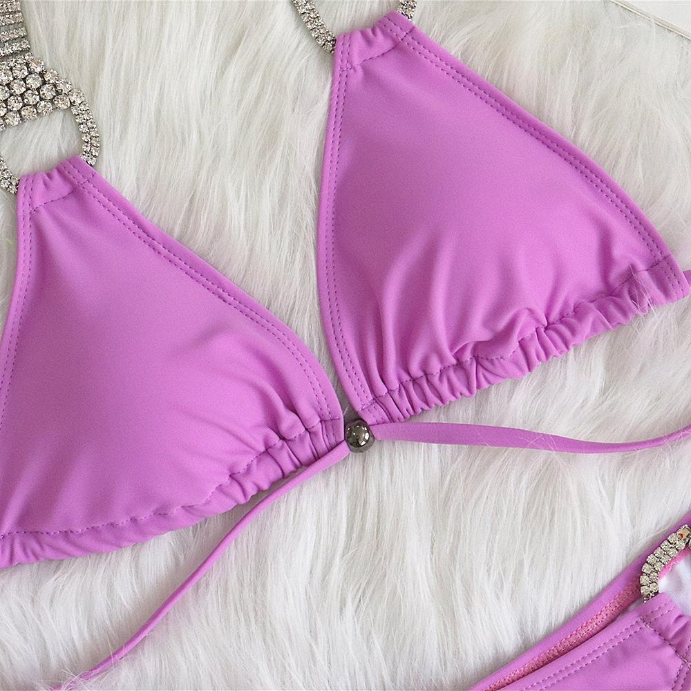Maillot de bain bikini sexy à bretelles de couleur unie pour la plage, maillot de bain en strass