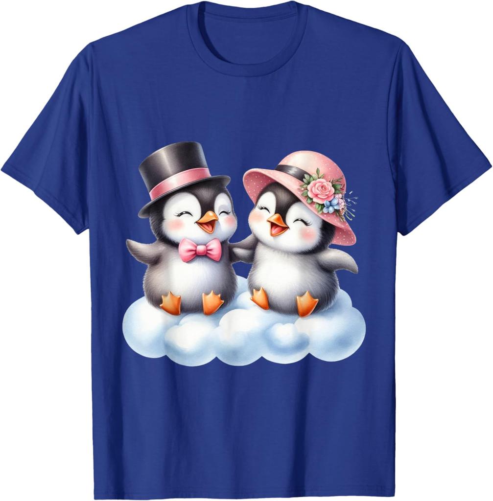 Süßes Pinguin-Paar auf Wolke Grafik-T-Shirt Entzückendes Valentinstagsgeschenk T-Shirt Unisex Tägliche Kleidung