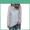 Grey Trim Lace Crew Neck Fitted Tshirt Blended Fabric Hoodie Women Sleeve Long