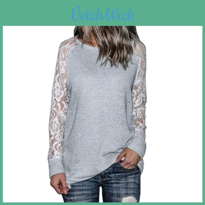 Grey Trim Lace Crew Neck Fitted Tshirt Blended Fabric Hoodie Women Sleeve Long