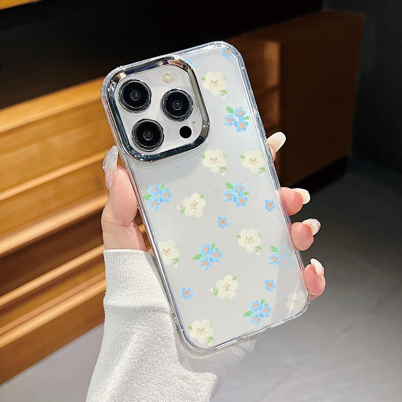 Luxury Garden Flower Case For iPhone 15 Pro Max Coque iPhone 11 12 13 14 16 Pro Max Plating Lens Clear Soft Silicone Back Cover