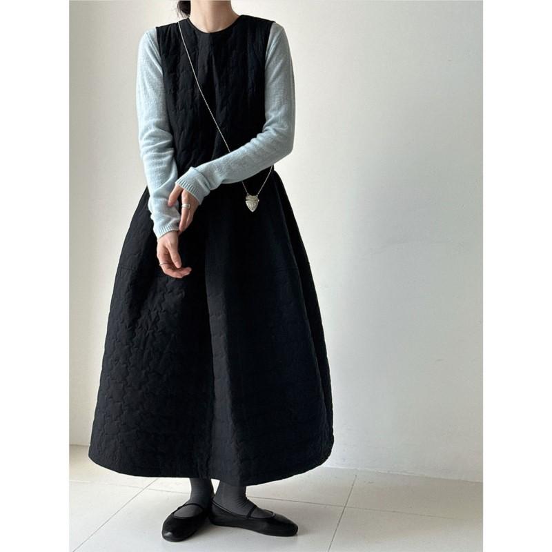 

Johnature Korean-style Thickened Sleeveless Vest Dress For Women Autumn Winter Back Strap Loose Long Casual Women Dresses M