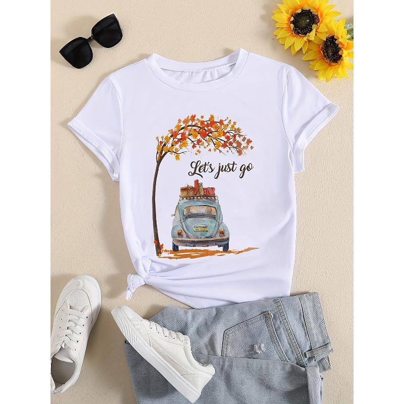 

European Size Letter & Car Print T-Shirt, Crew Neck Short Sleeve T-Shirt, Casual Every Day Tops, Women s Clothing 4XL