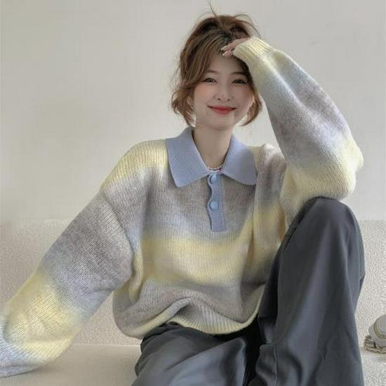 

Женский свитер с градиентным воротником поло - Весенне-летний топ свободной вязки S 75-95 Jin