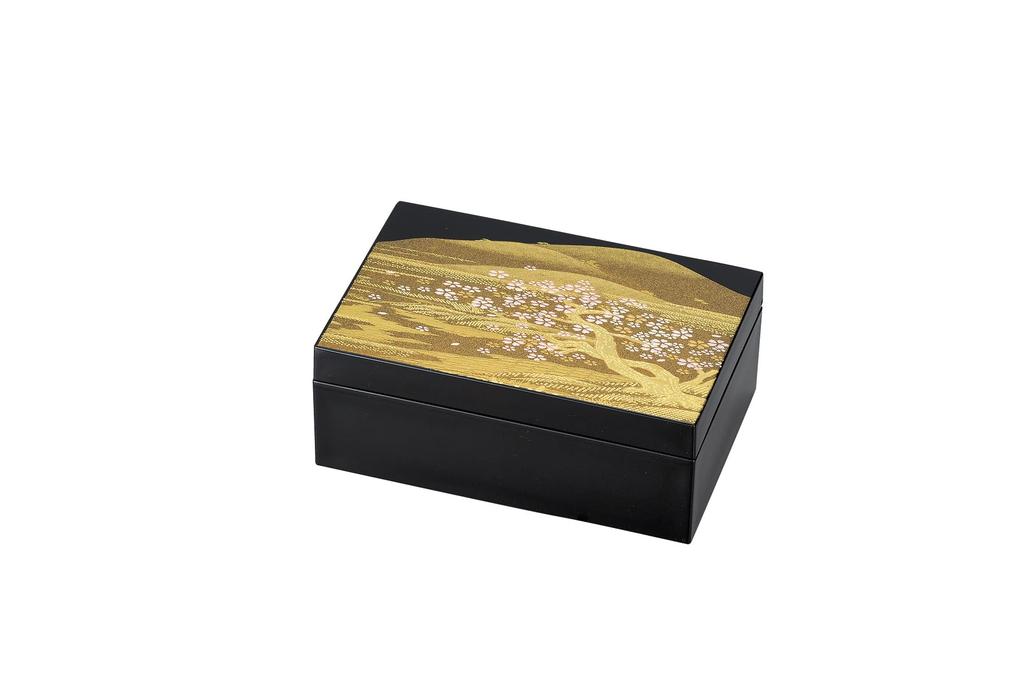 Nakatani Brothers "Yamanaka Lacquer" Small Accessory Box (with Mirror and Velvet) Black, Yoshino Landscape Design, 37-2510