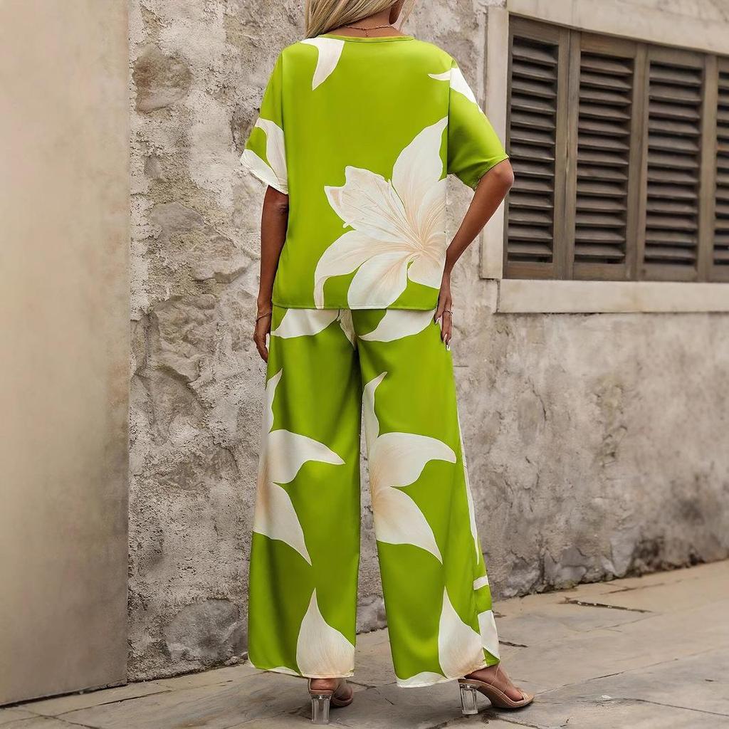 2026 Summer V-Neck Batwing Sleeve Printed Long Pants Fashion Two-Piece Set