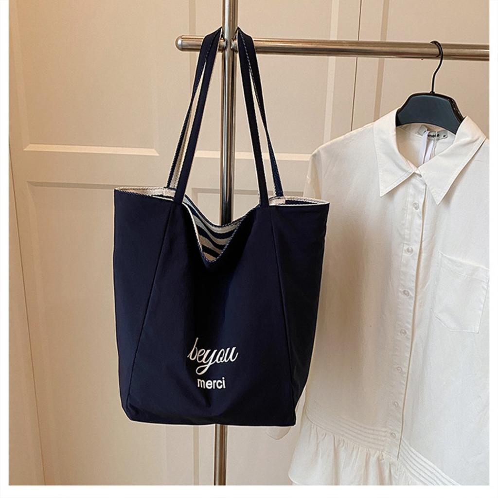 Striped Canvas Double-sided Usable Bag, Tote Bag, Casual Shoulder Bag, Large Capacity Shopping Bag
