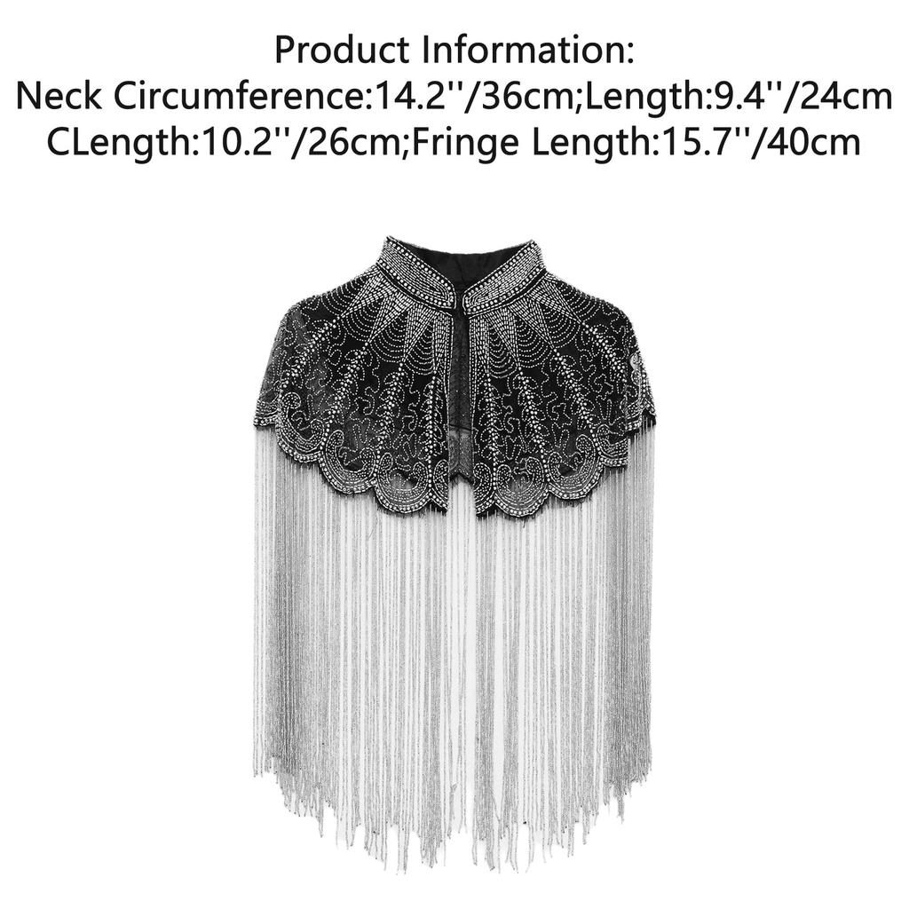 Women 20s Flapper Long Fringed Shawl Sequin Beaded Tassel Evening Cape Wrap for Wedding Reception Special Events