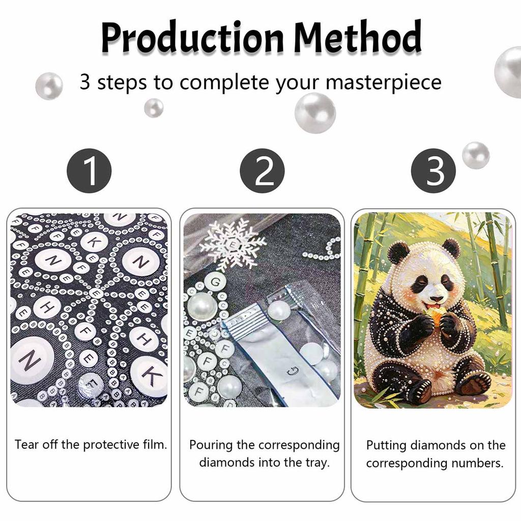 Cute Panda Eating Bamboo 5D Pearl Painting Kit with Frame DIY Sparkling Bead Canvas Art Relaxing Craft for Girls Room Decor Aesthetic