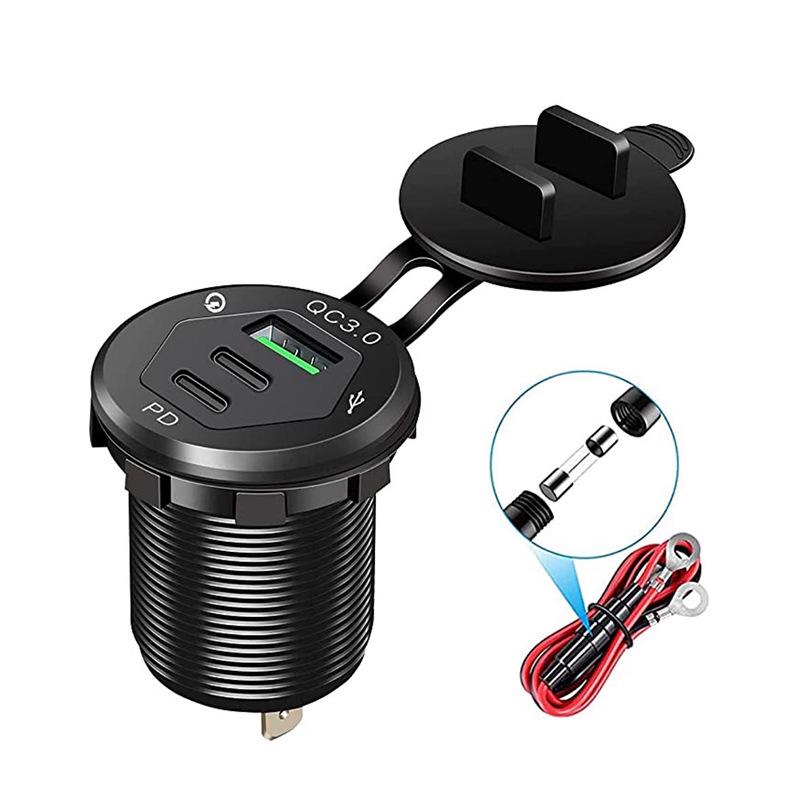 Three-Port Fast Charge QC3.0 USB & Dual PD Car Charger for Cars, Motorcycles, and Boats