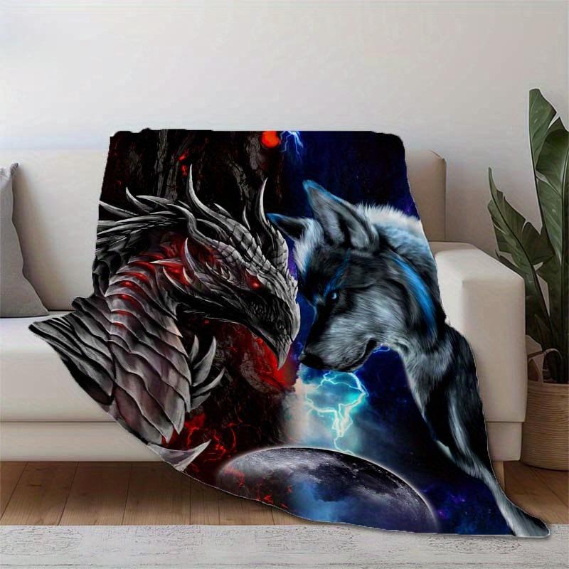 Ice Dragon and Wolf Flannel Printed Blanket Soft Comfortable Bed Blanket Modern Style Themed Decorative Blanket