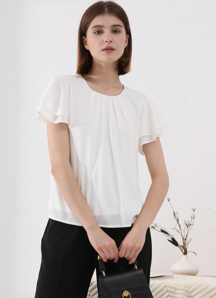 Short Flared Chiffon Cut and Body Loose Large M [YASHIGE] Blouse, Sleeve, Shirt, Women's Top, Washable, Georgette, Neat, Sewn, Lined, Commuting,