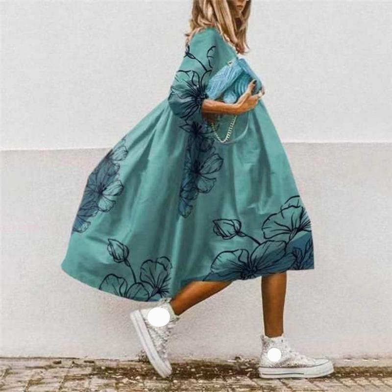Summer Casual Loose Waist Printed Dress Women Fashion Round Neck Floral Plus Size Dresses Female A Line Elegant Vintage Dress 24059