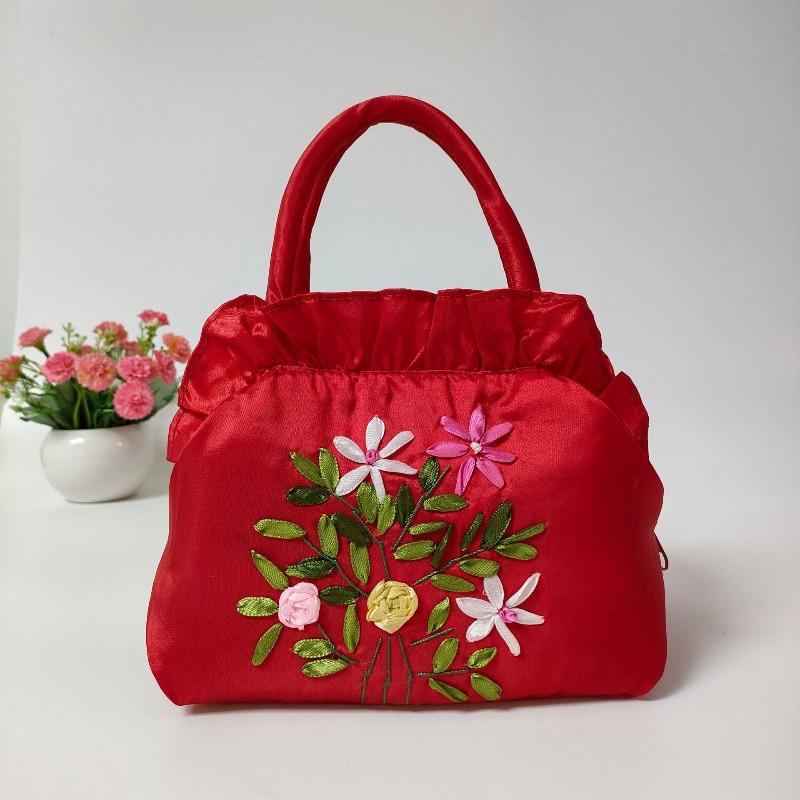 Zipper women's bag handmade ribbon embroidered bag mother shopping bag handbag bag wedding bag