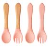 Color Kids 4PCS Silicone Baby Feeding Spoon Fork Set BPA Free Wood Handle Training Utensils For Infants Newborn Accessories