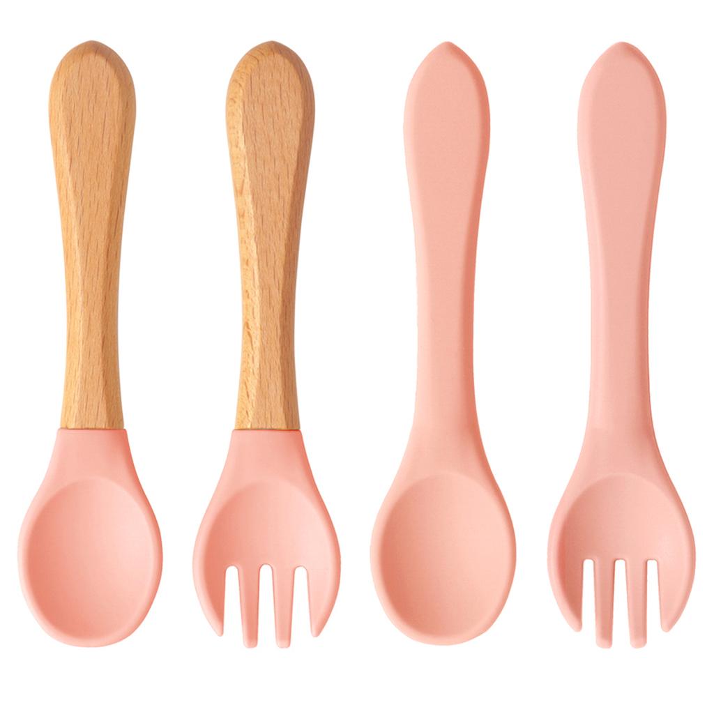 Color Kids 4PCS Silicone Baby Feeding Spoon Fork Set BPA Free Wood Handle Training Utensils For Infants Newborn Accessories